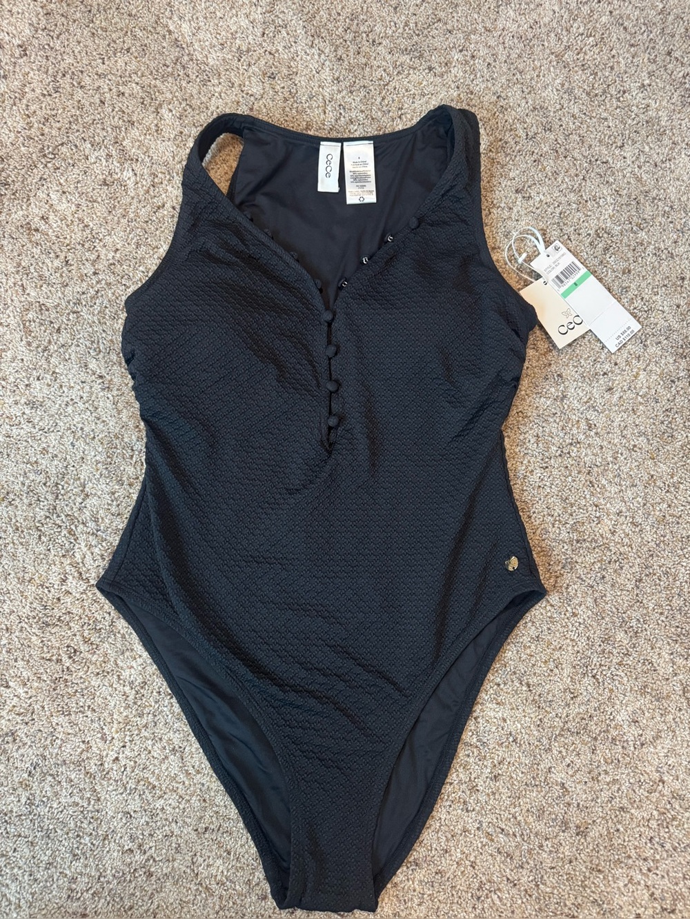 CeCe Black Textured Button-Front One-Piece Swimsuit